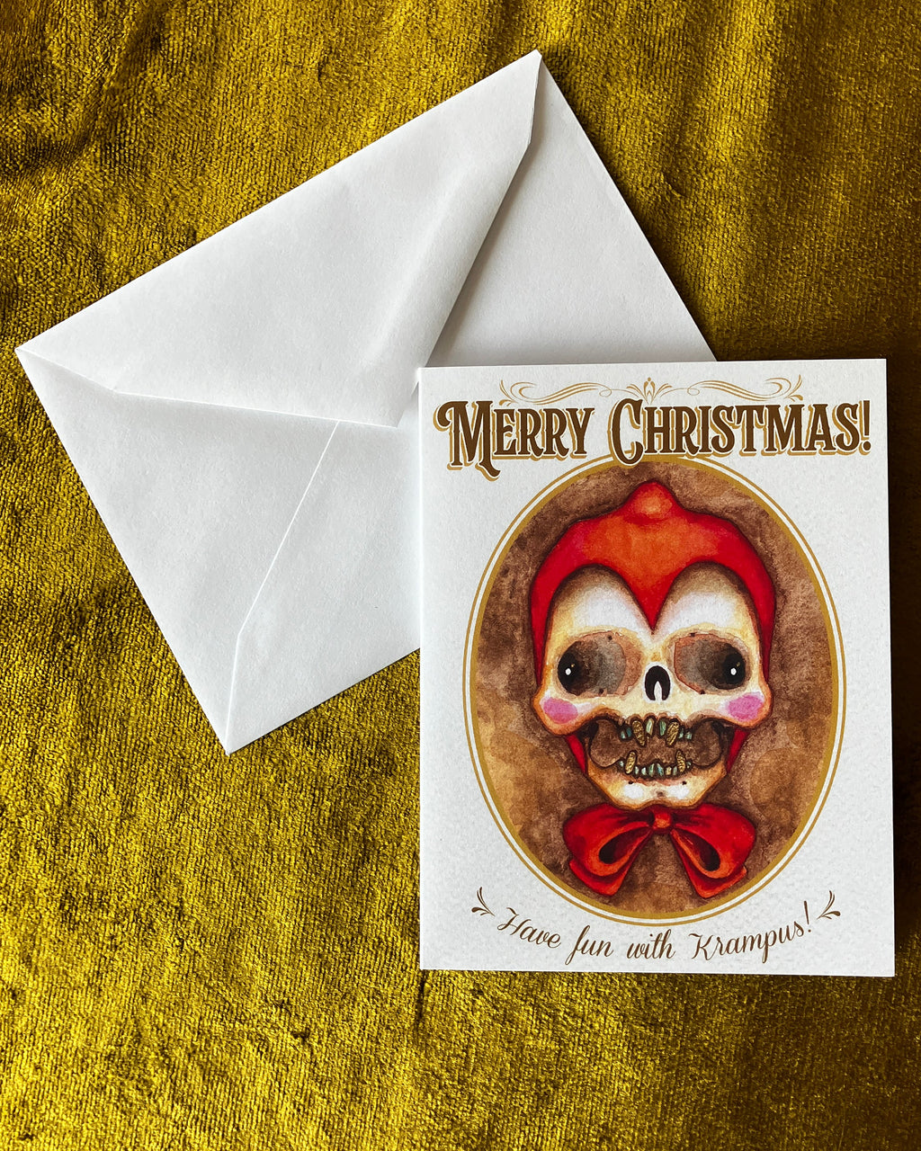 Merry Christmas Krampus, Holiday Cards, Red Bonnet, Skull Portrait- pack of 5