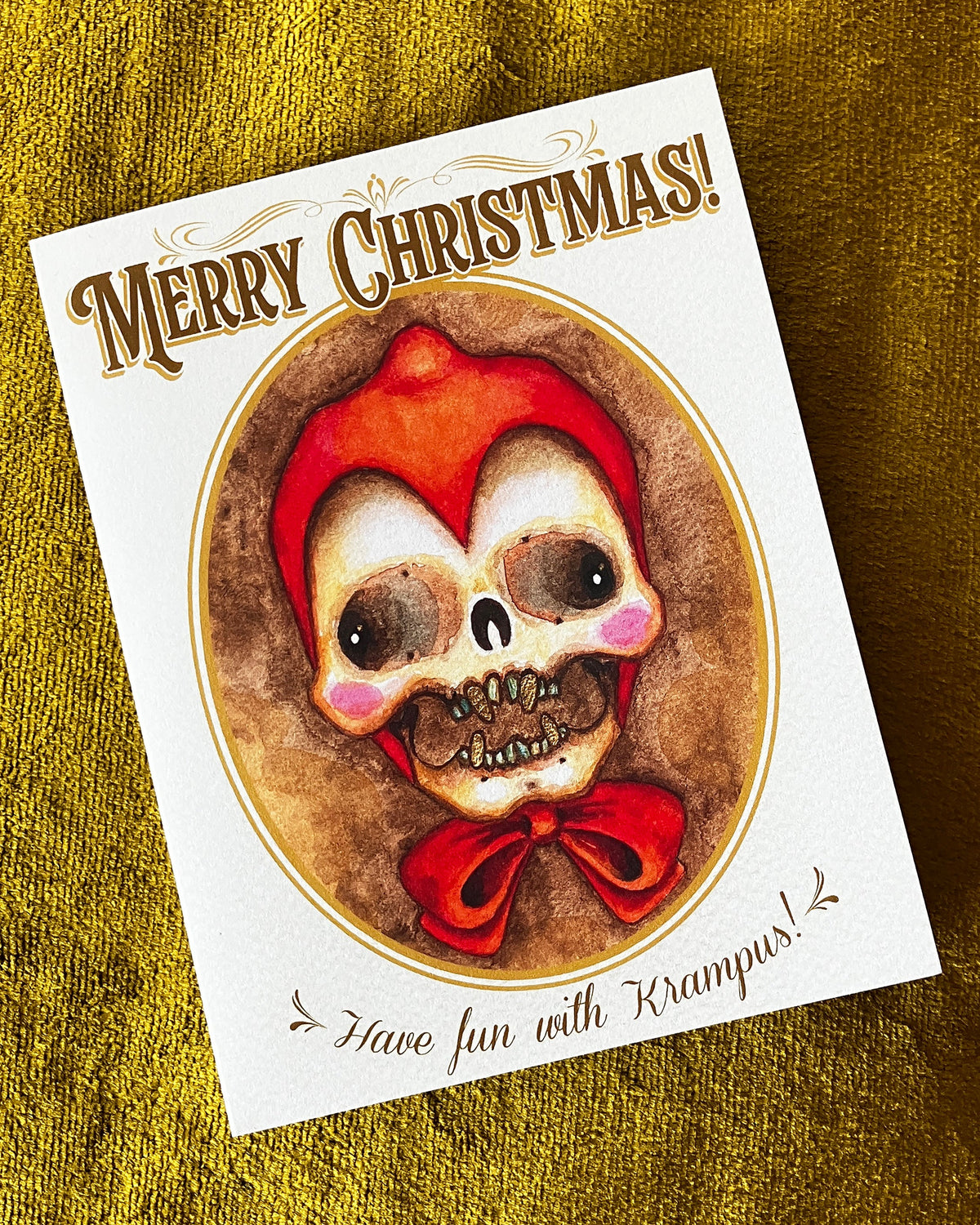 Merry Christmas Krampus, Holiday Cards, Red Bonnet, Skull Portrait- pack of 5