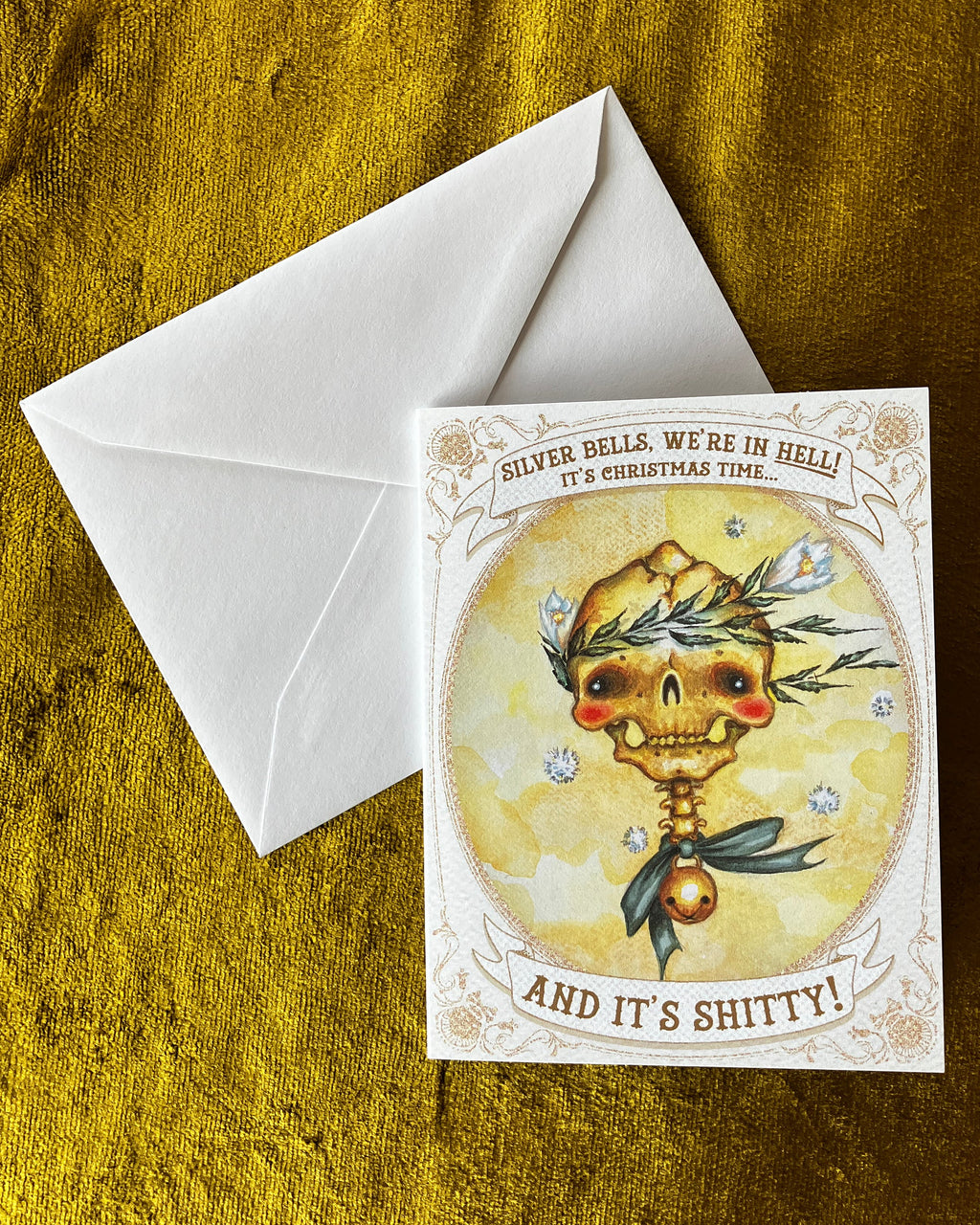 Silver Bells, We're in HELL! Holiday Cards, Bell Bow Skull Portrait- pack of 5
