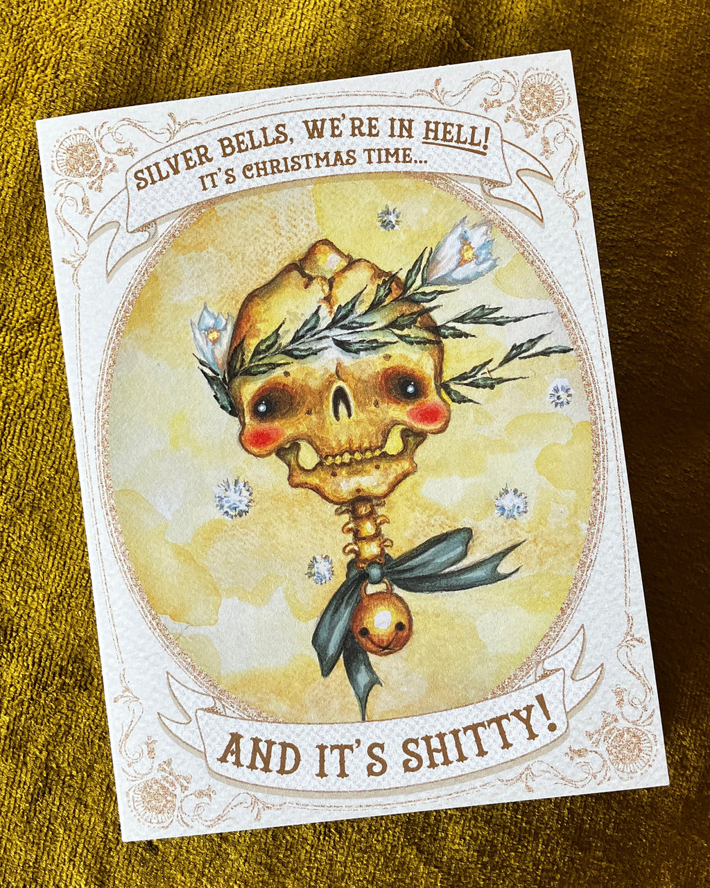 Silver Bells, We're in HELL! Holiday Cards, Bell Bow Skull Portrait- pack of 5
