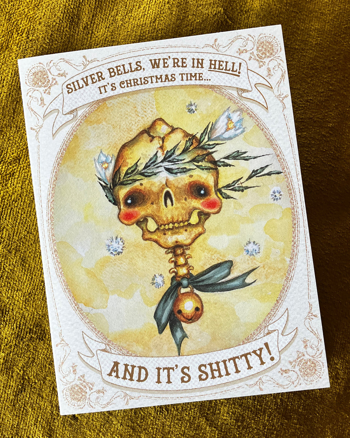Silver Bells, We're in HELL! Holiday Cards, Bell Bow Skull Portrait- pack of 5