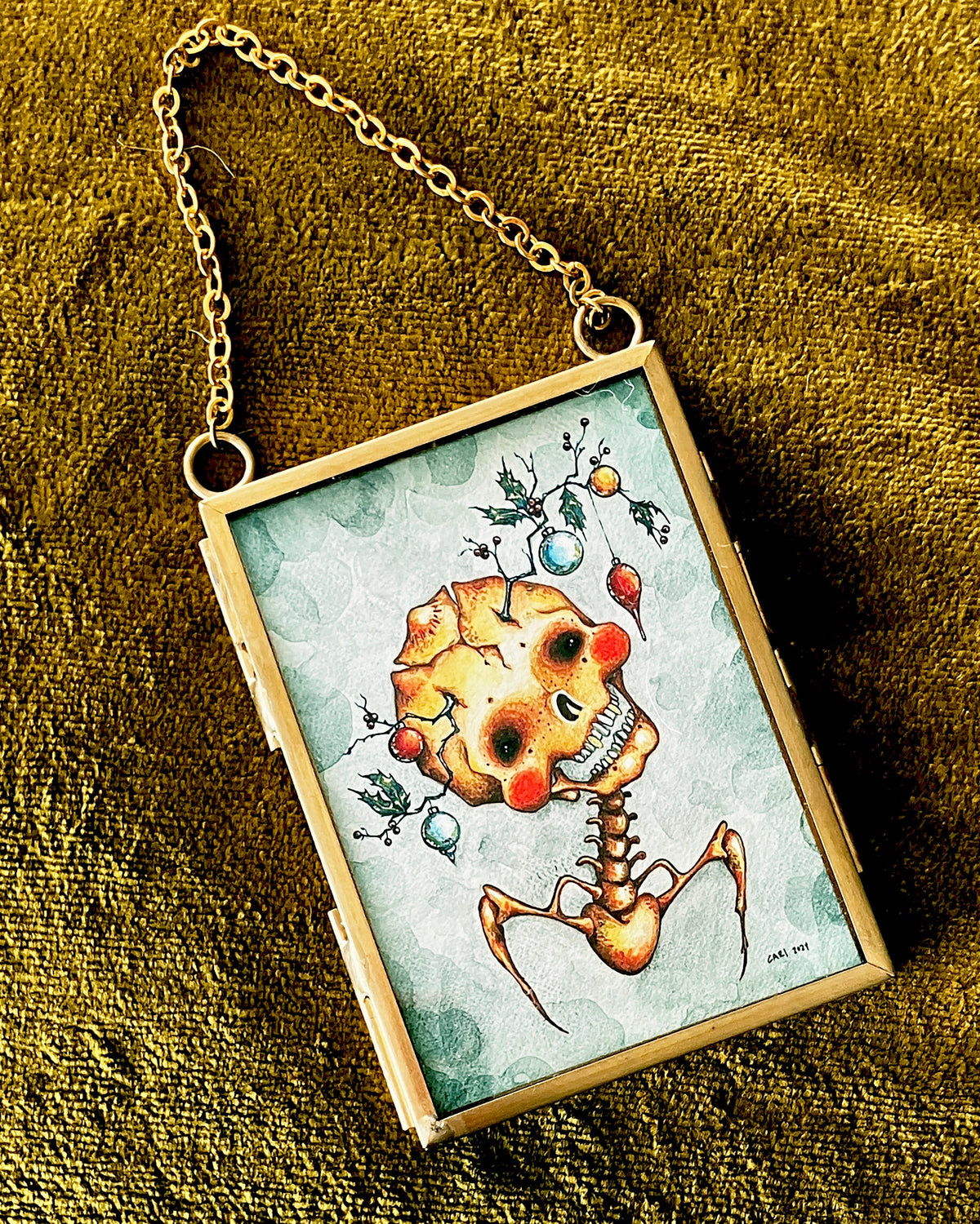 Christmas Memory, Skull Portrait, Framed Giclée Print 2.5" x 3.5"