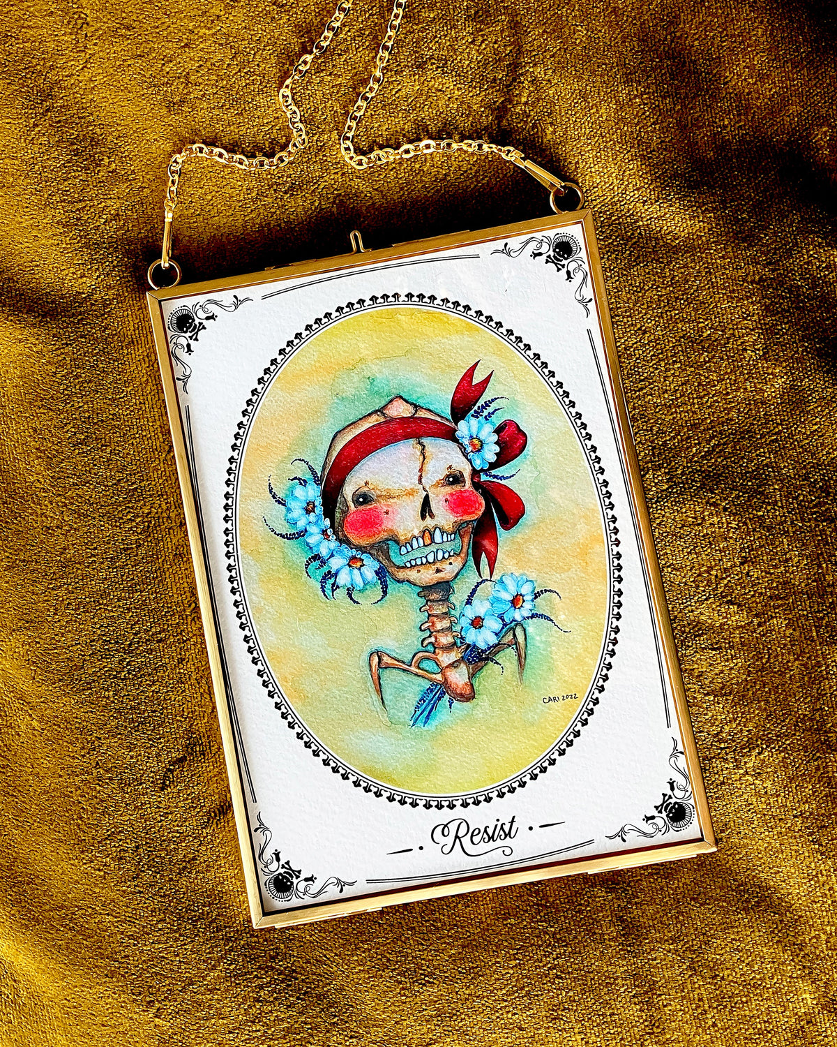 Resist Grandma, Watercolor Skull, Framed Giclée Print 5" x 7"