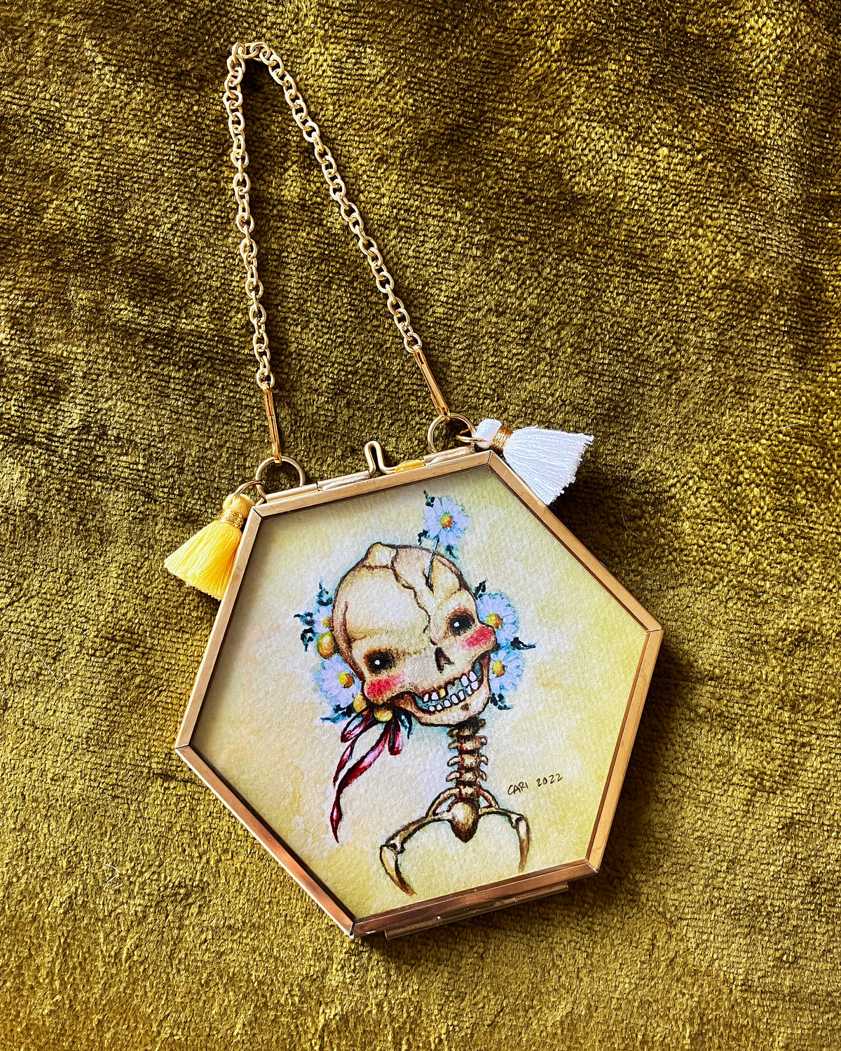 hexagon brass framed skull hand painted watercolor print
