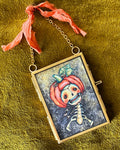 Pumpkin Bonnet, Skull Portrait, Framed Giclée Print 2.5" x 3.5"