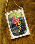 Moon Witch, Mushroom Hat, Watercolor Skull, Framed Giclée Print 5" x 7"
