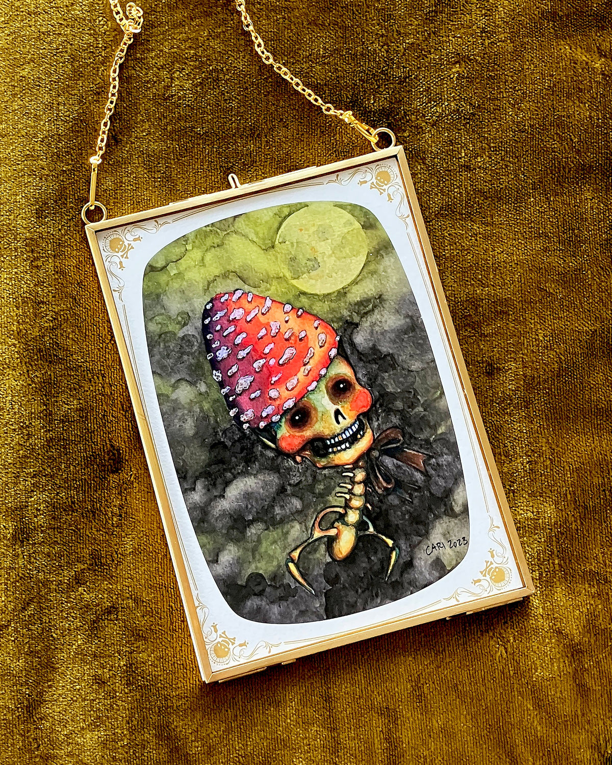 Moon Witch, Mushroom Hat, Watercolor Skull, Framed Giclée Print 5" x 7"