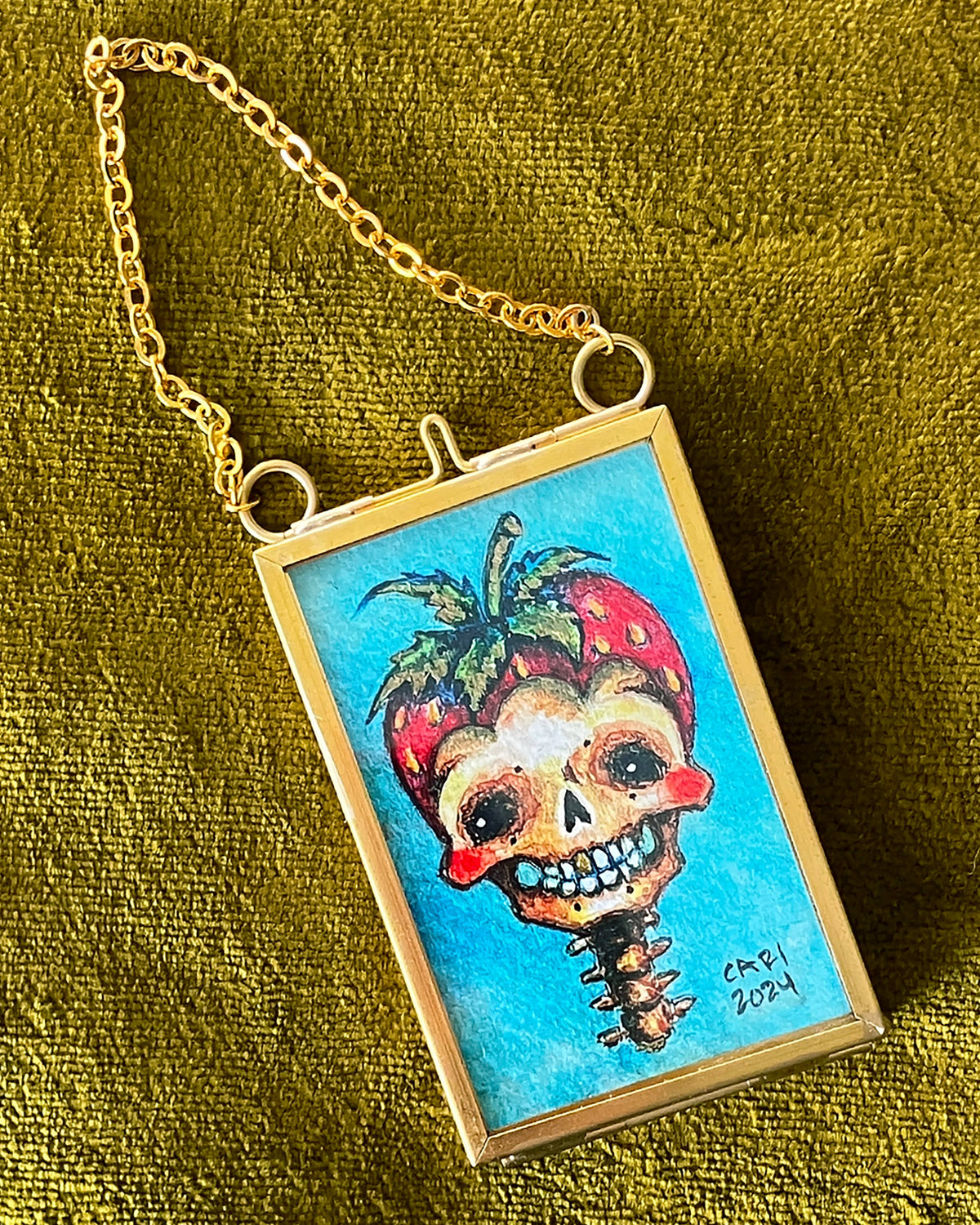 Strawberry Hat, Skull Portrait, Framed Giclée Print 2" x 3"