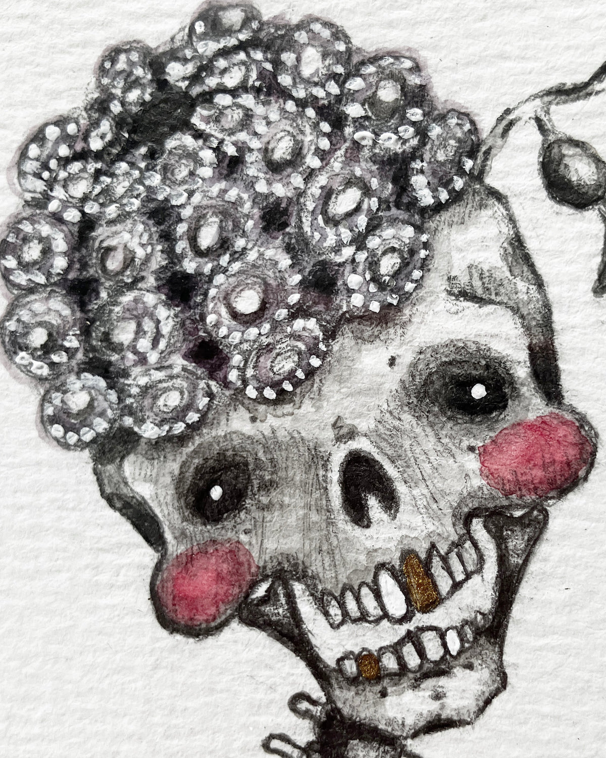 Urchin Beret, Original Skull Portrait, Framed 5" x 7"