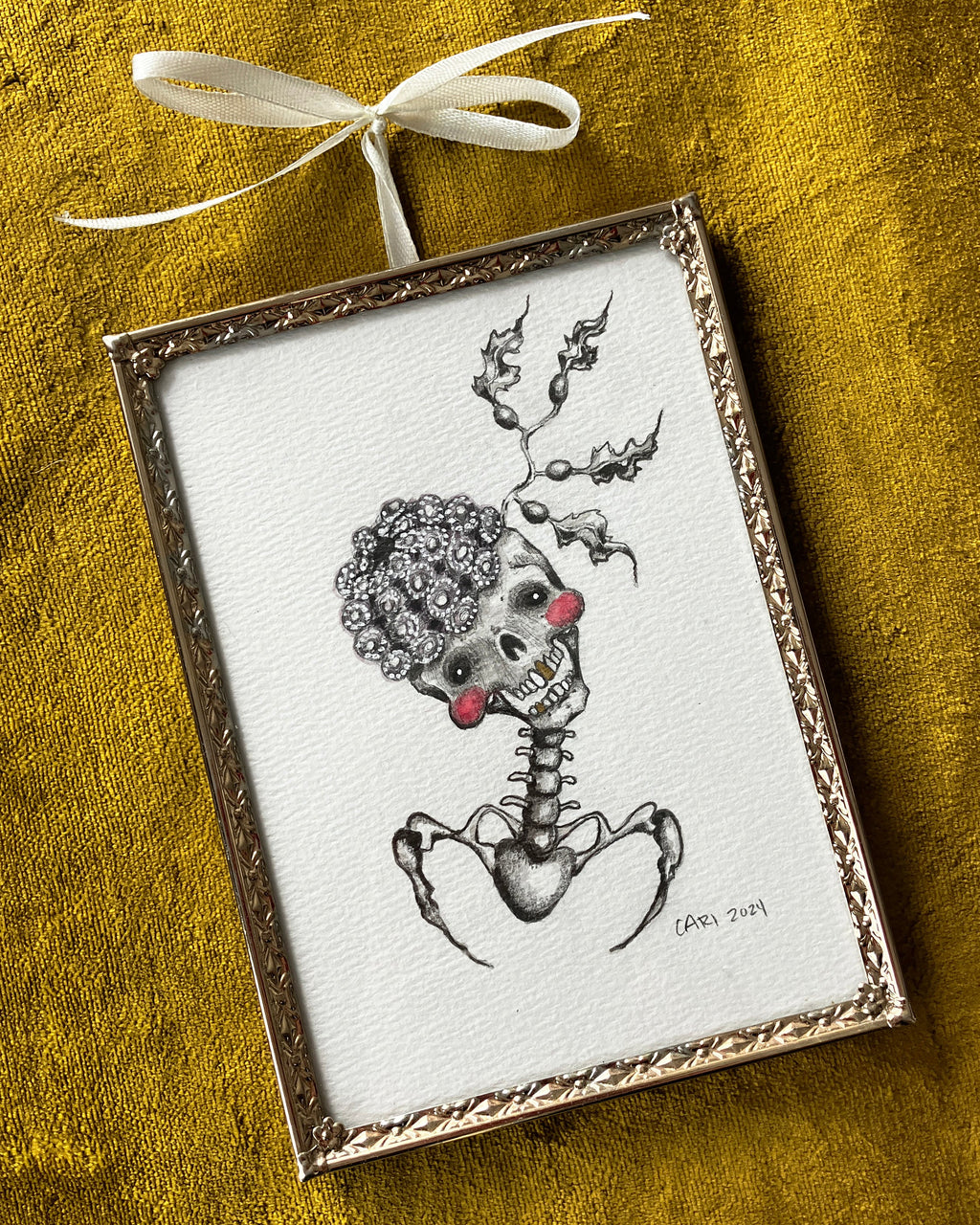 hand painted watercolor ink skeleton skull sea urchin hat seaweed vintage frame one of a kind
