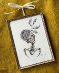 hand painted watercolor ink skeleton skull sea urchin hat seaweed vintage frame one of a kind