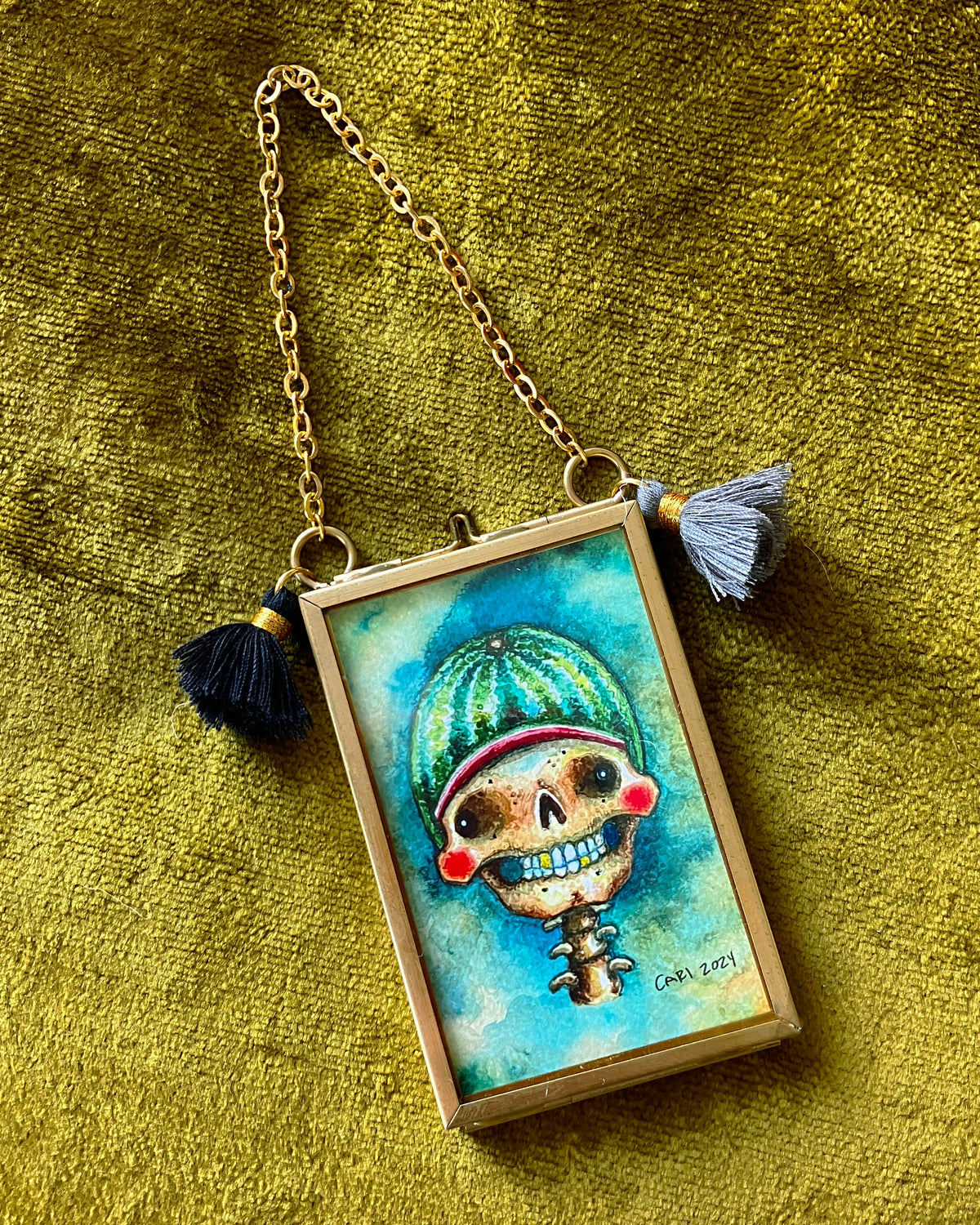 Watermelon Helmet, Skull Portrait, Framed Giclée Print 2" x 3"
